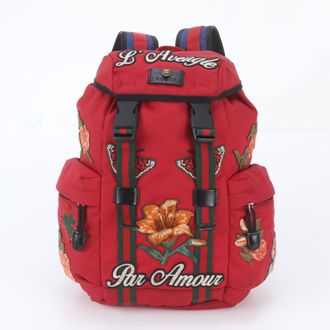 Gucci Red Color Leather Canvas Backpack Shoulder Bag (Pre-Owned)