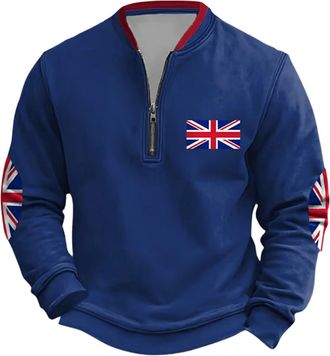 Generic Mens Union Jack Sweatshirt 1/4 Zip Long Sleeve Jumpers Bunting Flags Print Great Britain Pullover Winter Warm Tops Plus Size (B17-Blue, XXL)