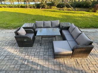 Fimous Outdoor Lounge Sofa Set Wicker PE Rattan Garden Furniture Set with Rectangular Dining Table Reclining Chair 2 Side Tables Big Footstool
