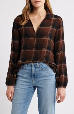 Cloth & Stone Plaid Popover Top in Hickory Brown Plaid at Nordstrom, Size X-Small