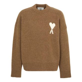 Ami Big Heart Logo Alpaca Crewneck Sweater Brown UKS836-KN0135-217