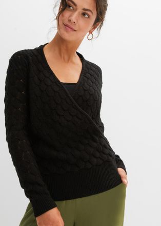 Bonprix Strickpullover BONPRIX, Damen, Gr. 48/50 (XL), schwarz, Obermaterial: 100% Polyacryl, loose fit, Pullover Strickpullover, aus Polyacryl, mit Wickelopt