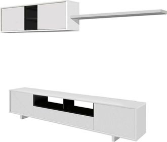 Dmora Parete attrezzata Hartford, Mobile da soggiorno porta tv, Composizione set salotto, Set salotto con pensile, cm 260x41h46, Bianco lucido, con imballo