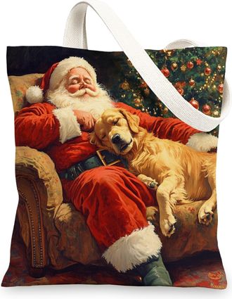 Generic Christmas Golden Retriever Dog Canvas Tote Bag for Shopping 13x15, Xmas Santa Puppy Reusable Grocery Print Pattern Bag for Women, Pet New Year Beach A