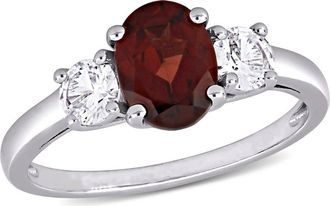 Amour Oval Cut Garnet and Created White Sapphire 3-sTone Ring In Sterling Silver