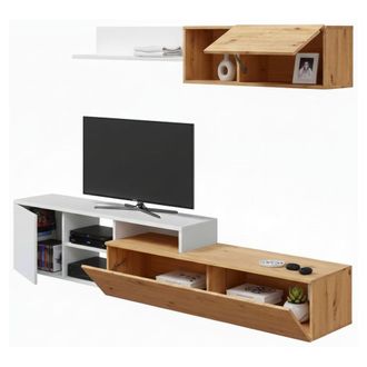 Dmora Dmora - Pared Equipada Miami, Mueble De Tv Para Sal&oacute;n, Composici&oacute;n De Sal&oacute;n Con Mueble Alto Y Estanter&iacute;a, Cm 220x40h44, Roble Efecto Nudo Y Blanco, Co