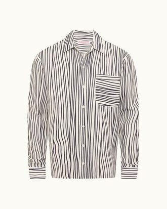 Orlebar Brown Grasmoor Linen Relaxed Fit Linen Stripe Shirt in White Sand/night Iris at Nordstrom, Size X-Large L