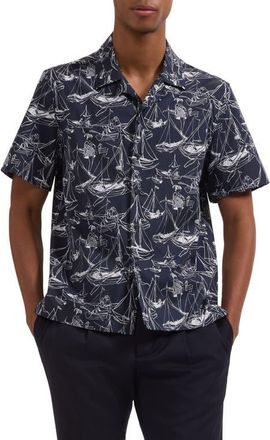 Bugatchi Jackson Marina Print Stretch Cotton Camp Shirt in Navy at Nordstrom, Size Xxx-Large