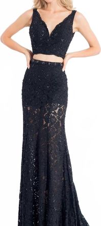 Rachel Allan Lace Floral Two-Piece Prom Dress In Black