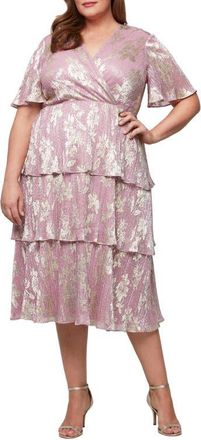 S.L. Fashions Short Sleeve Foil Plissé Tiered Cocktail Dress in Blush at Nordstrom, Size 18W