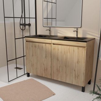 Aurlane Mueble de baño 120 cm 4 Puertas Roble Natural + Lavabo doble de Cerámica Negra - TIMBER