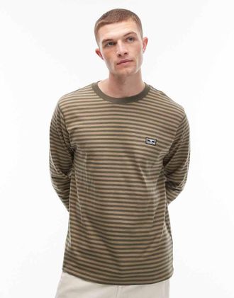 Obey Established Works - Maglietta a maniche lunghe marrone a righe con logo
