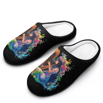 Generic Rainbow Playing Harp Gay Womens Slippers Warm House Slippers Indoor House Shoes with Anti-Skid Rubber Sole