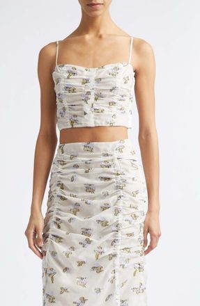 Ulla Johnson Sylvette Floral Ruched Silk Organza Crop Top in Violet Leaf at Nordstrom, Size 6