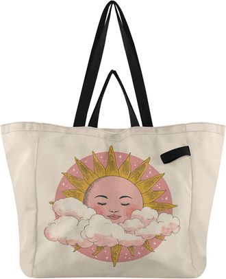 Generic Sun Cloud Beige pattern Reusable Canvas Tote Bag, Heavy Duty Grocery Shopping Bag with Double Handles Large Capacity Hard Bottom Work Groceries Travel