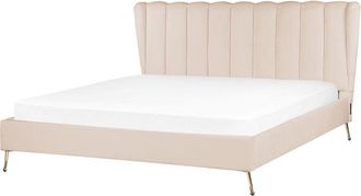 Beliani Cama Con Somier De Terciopelo Beige Dorado 180 X 200 Cm Metal Usb Cabecero Miribel