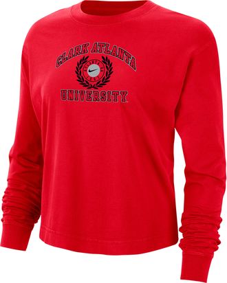 Nike Clark Atlanta Nike Womens College Boxy Long-Sleeve T-Shirt in Red | ZWFB8933P991-CAU