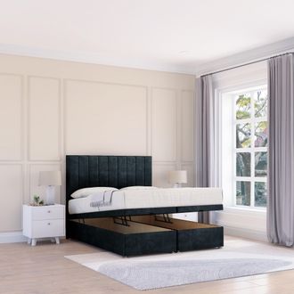 Sloomy Kansas Naples Fabric Ottoman Bed End Opening With Sprung Memory Mattress & 26 Inch strut Headboard in Black | Size: Small Single