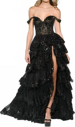 Sherri Hill Ruffle Tiered Evening Dress In Black