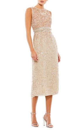 Mac Duggal Sleeveless High Neck Beaded Midi Sheath Dress in Beige at Nordstrom, Size 14