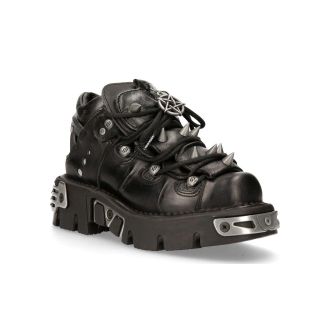 New Rock Leather Spiked Ankle Boots-110-S1 in Black | Size: 3