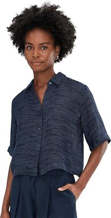 Eileen Fisher Petite Linen Gauze Strata Classic Collar Shirt Womens Clothing Ink : PM, Linen/Nylon