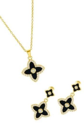 Adornia Black Inlay Cubic Zirconia Clover Pendant Necklace & Drop Earrings Set in Black/Gold at Nordstrom Rack