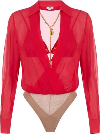 Elisabetta Franchi Tops, Dames, Rood, XS, Satijn, Georgette Bodysuit met Juwelenketting