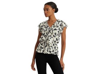 Lauren Ralph Lauren Leaf-Print Ruffle-Trim Jersey Peplum Top Womens Sweater Cream/Black : XL, Linen/Viscose