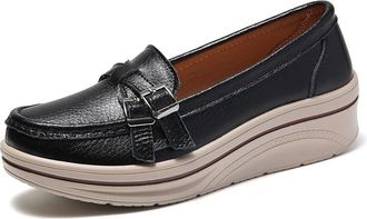 Generic Womens Comfort Round Toe Platform Wedge Loafers Slip On Casual Lightweight Walking Business Work Dress Shoes (Black,7.5)