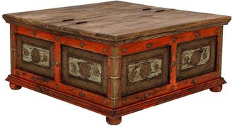Wanderlust Deco Mesa De Centro De Madera Artesanal Roja 100x100x47h Cm