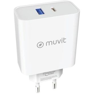 Muvit For Change Cargador De Pared 1 Usb Qc 3.0 18w+1 Tipo C Pd 65w Blanco