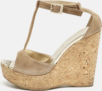 Jimmy Choo London Beige Suede Pela Cork T-Strap Sandals
