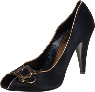 Le Silla Black Satin Buckle Peep-Toe Pumps