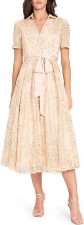 Tahari by ASL Sequin Tie Waist Midi Dress in Champagne at Nordstrom, Size 12