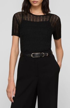 Lafayette 148 New York Lace Stitch Short Sleeve Sweater in Black at Nordstrom, Size X-Small