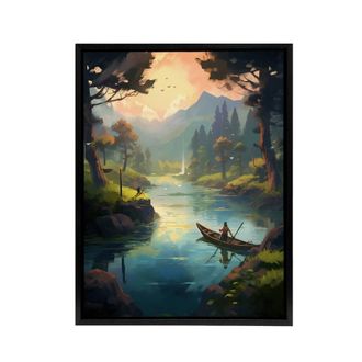 Artery8 Fishermen Forest River Fishing Framed Canvas Wall Art Print in Green | Size: W24 x H32