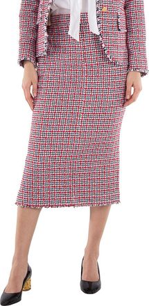 Thom Browne Ladies Check Summer Tweed Fray Maxi Low Rise Pencil Skirt