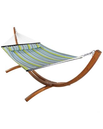 Sunnydaze Blue & Green Quilted Hammock With 12 Arc Wood Stand
