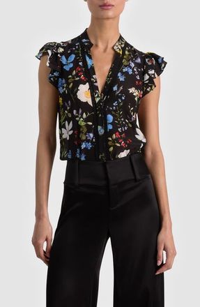 Alice & Olivia Arlette Floral Flutter Sleeve Button-Up Top in Twisting Vines Black at Nordstrom, Size X-Small