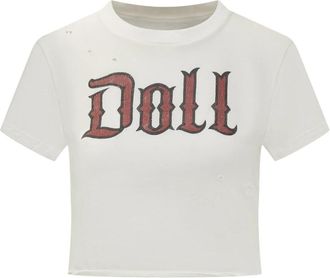 Dolce & Gabbana Cropped Jersey T-shirt met poppenprint - Dames - T-shirts - Wit - M - Katoen - Tops