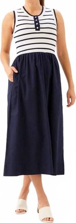Karen Kane Stripe Mixed Media Dress In Navy With Off White