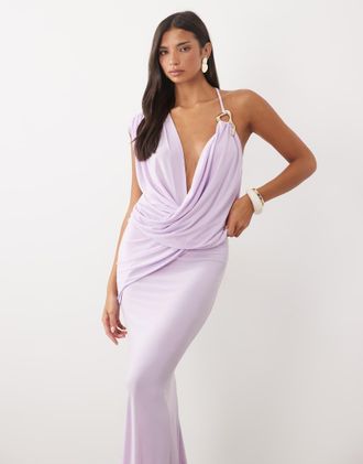 Asos vestito monospalla drappeggiato con dettaglio in metallo lilla-Viola