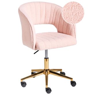 Beliani Silla De Oficina De Boucl&eacute; Base Dorada Giratoria Ajustable Acolchado Rosa Pastel Katonah