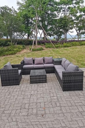 Fimous Dark Mixed Grey Outdoor Rattan Garden Furniture Set Corner Sofa 2 Tables With 1 Chair in Dark Grey