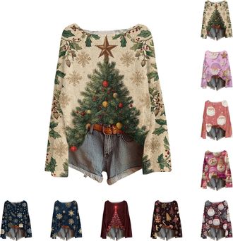 Generic Ugly Christmas Jumpers for Women, Long-Sleeved Round Collar Chunky Knit Printed Comfy Jumper Sweaters Women UK Travel Outfit Jersey De Cuello Mujer Xm