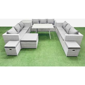 Fimous 12 Seat Outdoor Patio pe Rattan Garden Furniture with Cushions 3 Seater Sofa Side Table 3 Stool Light Grey - Fimous
