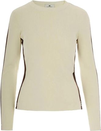 Elisabetta Franchi Maglia Tricot - Dames - Ronde hals truien - Beige - L - Leer - Truien & Vesten
