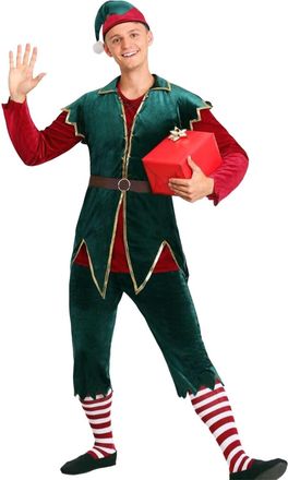 Generic Mens Elf Costume Adult Deluxe Santa Cosplay Suit Christmas Costumes Elf Santa Helper Costume Green Cosplay Party Outfit