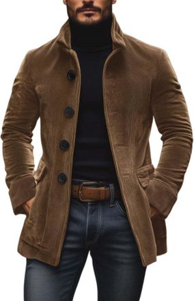Generic Mens Corduroy Winter Trench Coat, Long Stand Collar Jacket with Single-Breasted Buttons for Casual and Dress Occasions (Brown,M)